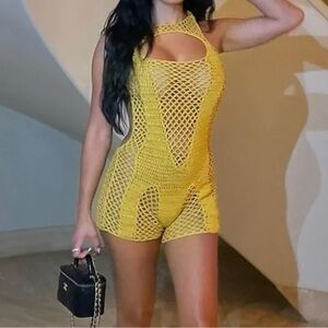 Mustard Yellow Crochet Knit Backless Shorts Romper
